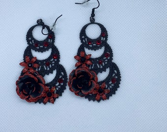 Black Filigree Red Rose Earrings