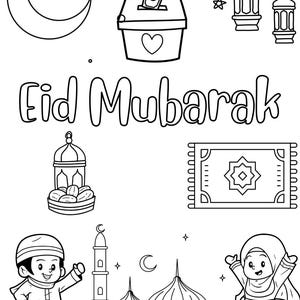 May include: Black and white line art illustration of Eid Mubarak with images of a crescent moon, a donation box, lanterns, a mosque, a prayer rug, dates, and two children.