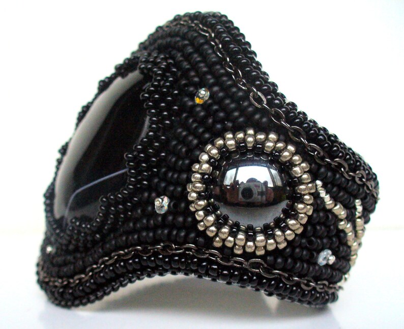 Handmade embroidered black Jewelry set Massive beaded necklace earrings bracelet with eagle