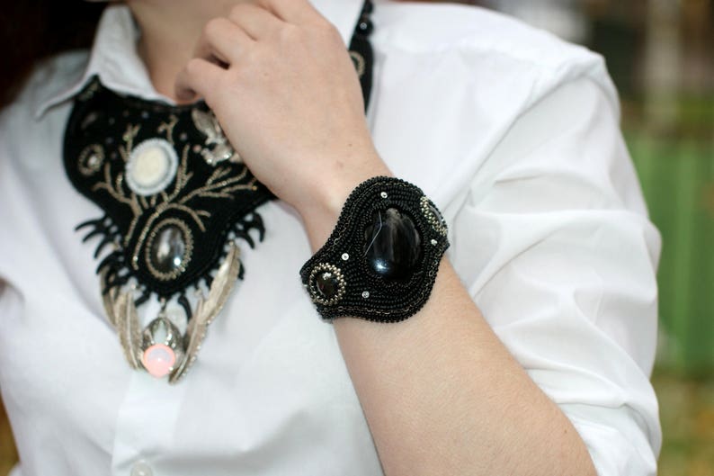 Handmade embroidered black Jewelry set Massive beaded necklace earrings bracelet with eagle