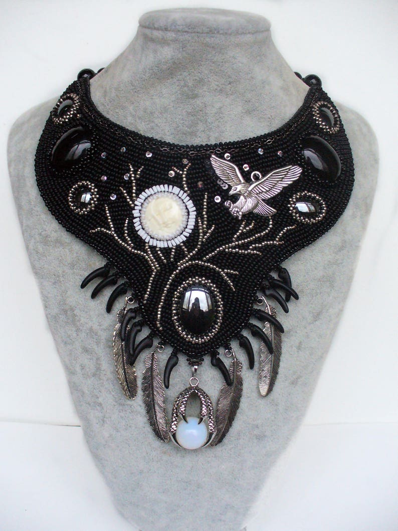 Handmade embroidered black Jewelry set Massive beaded necklace earrings bracelet with eagle