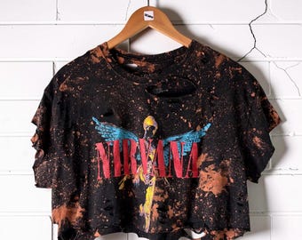 Nirvana bleached thrashed custom cropped band t-Shirt Grunge tee alternative alt clothing shredded tees