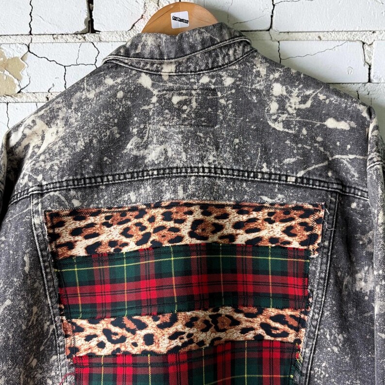 Custom Patchwork Bleached Denim Jacket Acid Wash Punk Rock Jean Jacket Leopard Tartan Plaid Alternative Tumblr Grunge