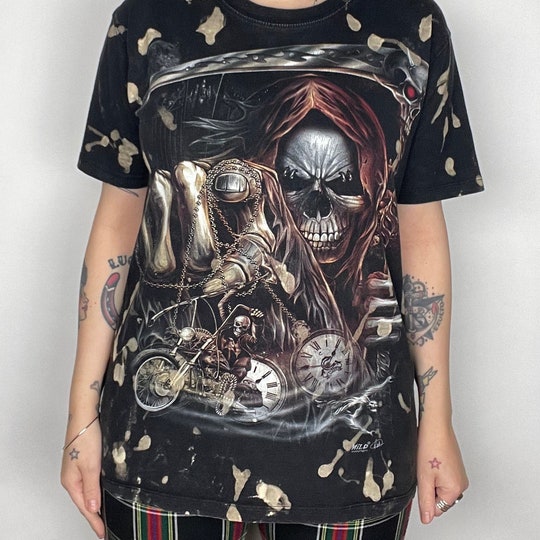 Grunge Style Acid Wash Biker Skull 3D T Shirt