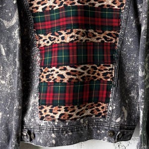 Custom Patchwork Bleached Denim Jacket Acid Wash Punk Rock Jean Jacket Leopard Tartan Plaid Alternative Tumblr Grunge