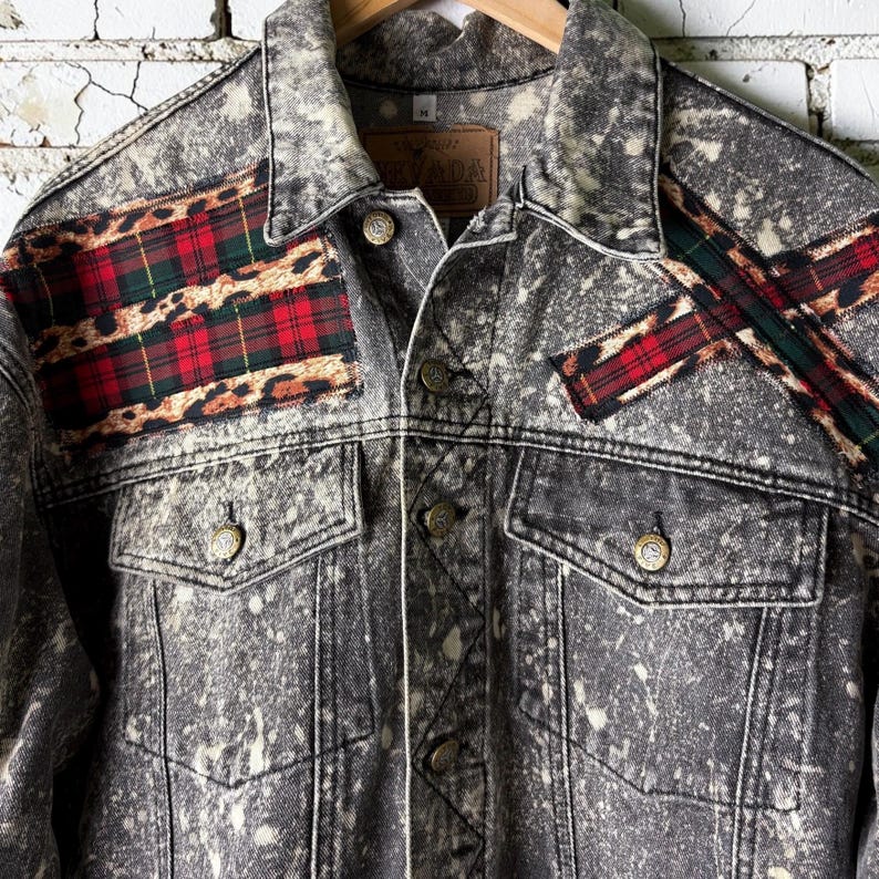 Custom Patchwork Bleached Denim Jacket Acid Wash Punk Rock Jean Jacket Leopard Tartan Plaid Alternative Tumblr Grunge