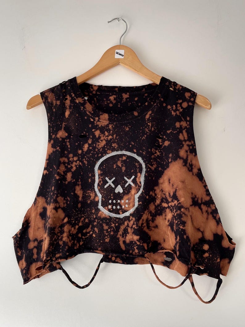 Skull Hand Painted Bleached Custom Cropped Tee Punk Alt Clothing