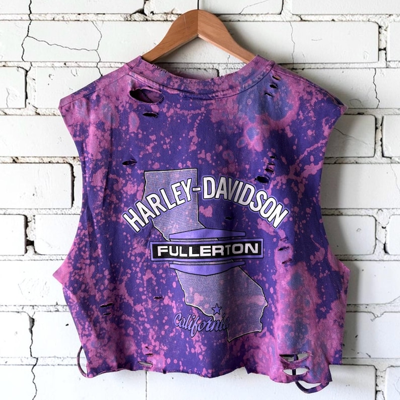 Harley Davidson Fullerton Bleached distressed custom T-Shirt Shredded Biker Tee tumblr grunge alternative tees