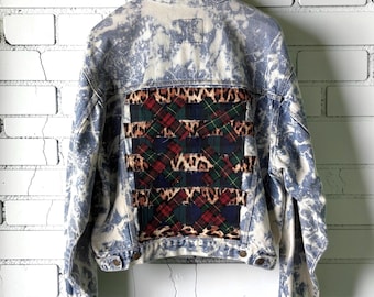 Custom Patchwork Bleached Denim Jacket Acid Wash Punk Rock Jean Jacket Leopard Tartan Plaid Alternative Tumblr Grunge