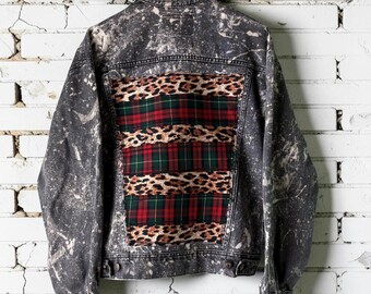 Custom Patchwork Bleached Denim Jacket Acid Wash Punk Rock Jean Jacket Leopard Tartan Plaid Alternative Tumblr Grunge