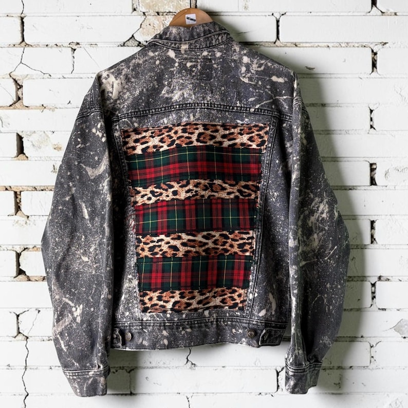 Custom Patchwork Bleached Denim Jacket Acid Wash Punk Rock Jean Jacket Leopard Tartan Plaid Alternative Tumblr Grunge