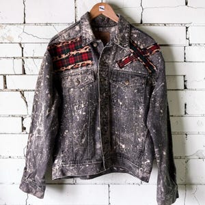 Custom Patchwork Bleached Denim Jacket Acid Wash Punk Rock Jean Jacket Leopard Tartan Plaid Alternative Tumblr Grunge