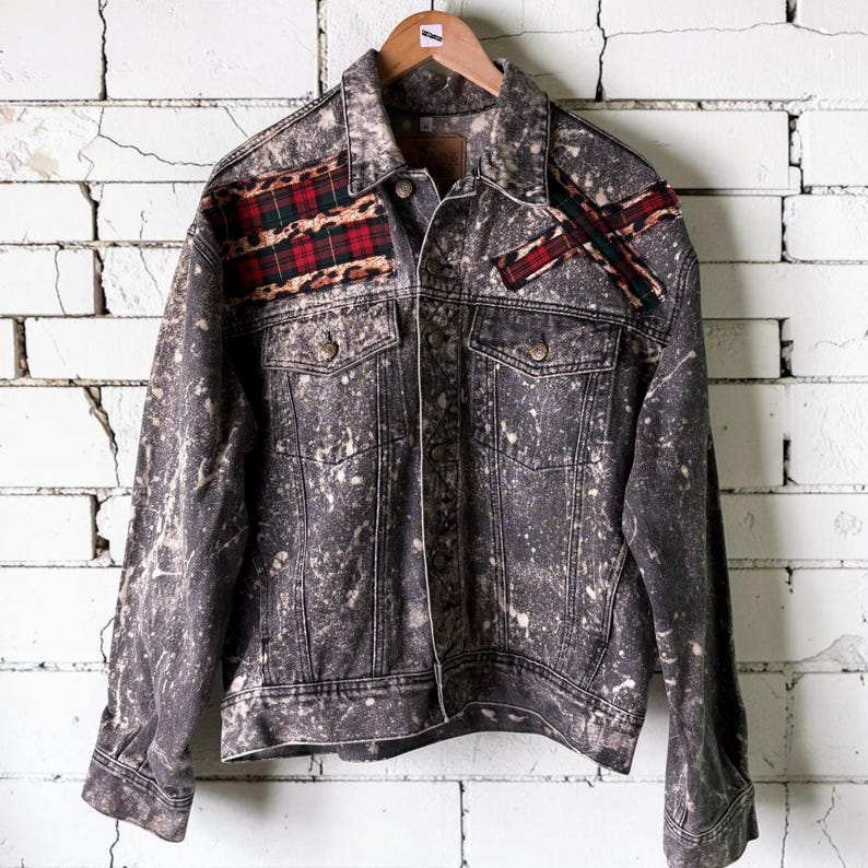 Custom Patchwork Bleached Denim Jacket Acid Wash Punk Rock Jean Jacket Leopard Tartan Plaid Alternative Tumblr Grunge