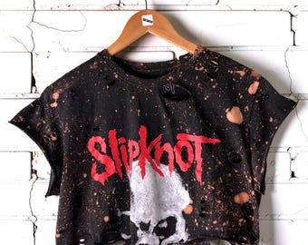 Slipknot Bleached Cropped Band T-Shirt Distressed Alt Clothing Nu Metal Mall Goth Style Tee