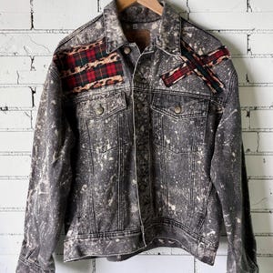 Custom Patchwork Bleached Denim Jacket Acid Wash Punk Rock Jean Jacket Leopard Tartan Plaid Alternative Tumblr Grunge