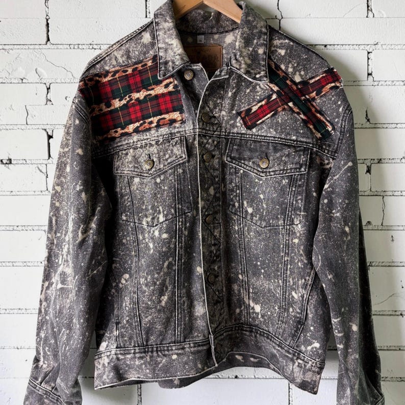 Custom Patchwork Bleached Denim Jacket Acid Wash Punk Rock Jean Jacket Leopard Tartan Plaid Alternative Tumblr Grunge