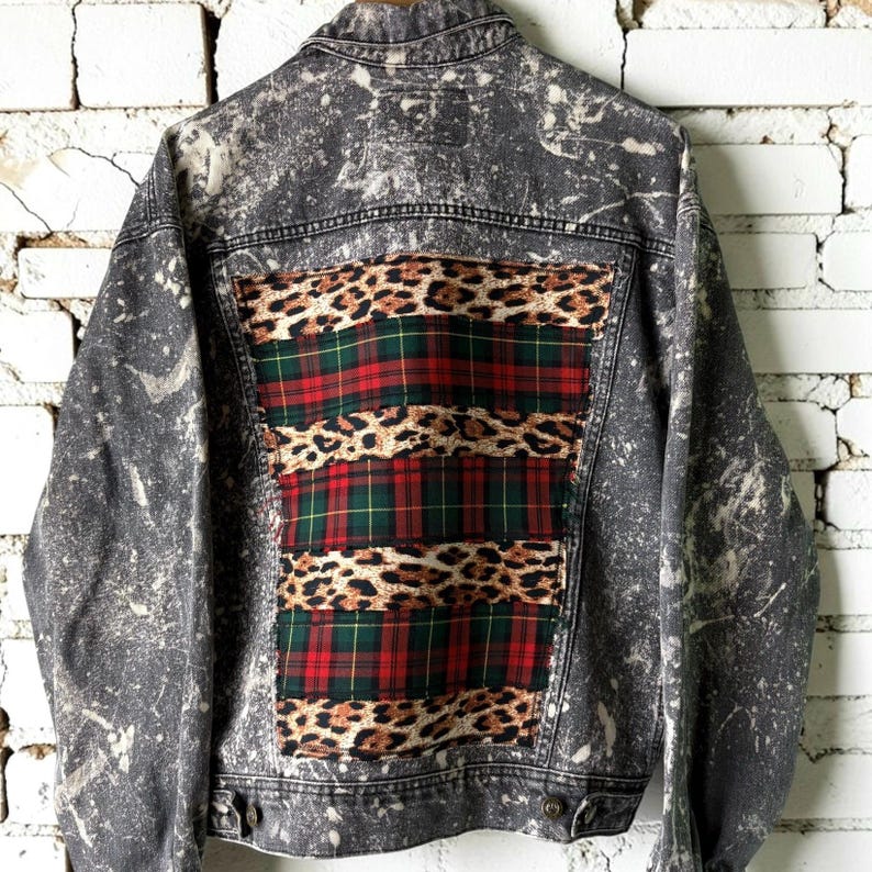 Custom Patchwork Bleached Denim Jacket Acid Wash Punk Rock Jean Jacket Leopard Tartan Plaid Alternative Tumblr Grunge
