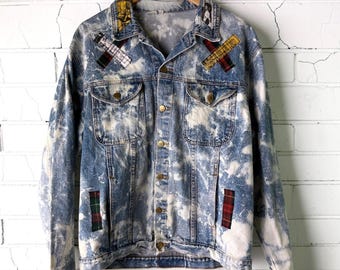 Punk inspired Custom Patchwork Bleached Denim Jacket Acid Wash tumblr grunge alternative