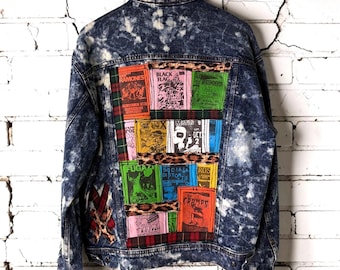 SEDATED - Custom Punk Inspired Jacket Acid Wash Denim Patches Distressed Upcycled Hardcore Punk Clothing Unisex Festival Tumblr Grunge
