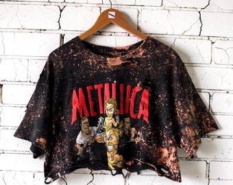 Metallica Cropped custom Band Tee Hand Bleached Distressed Rock Shirt Grunge Crop Top Tumblr Grunge style One of a Kind Band Tee XL