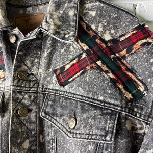 Custom Patchwork Bleached Denim Jacket Acid Wash Punk Rock Jean Jacket Leopard Tartan Plaid Alternative Tumblr Grunge