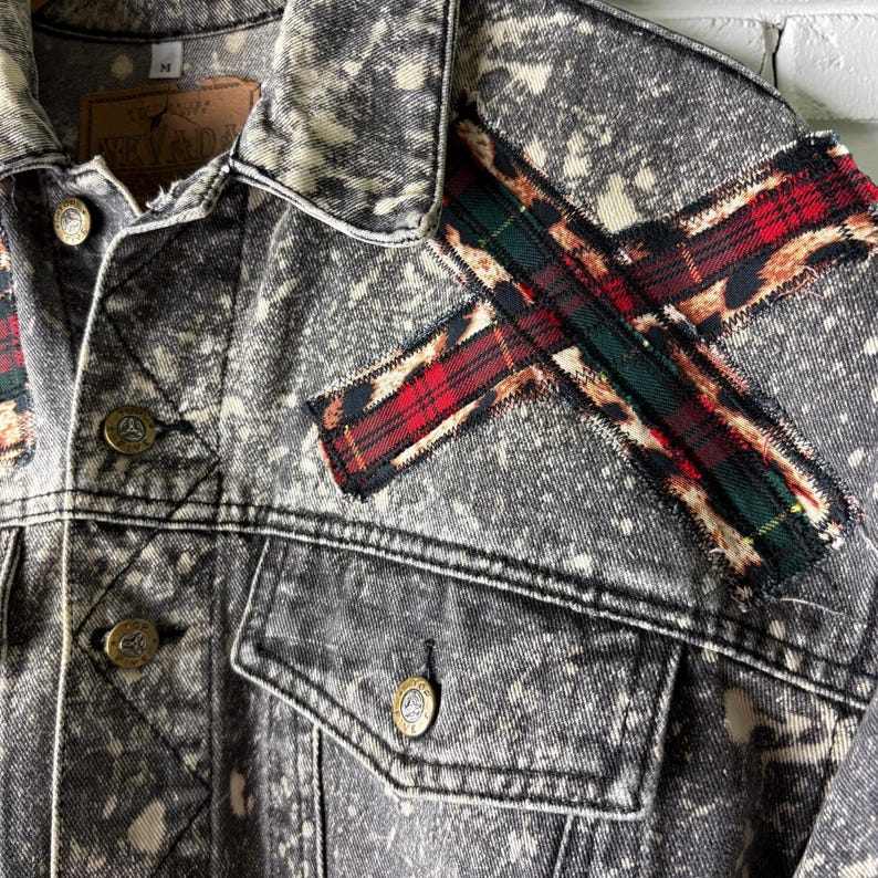 Custom Patchwork Bleached Denim Jacket Acid Wash Punk Rock Jean Jacket Leopard Tartan Plaid Alternative Tumblr Grunge