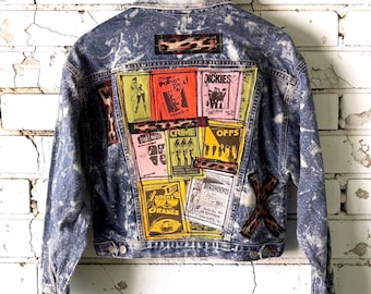 WALL OF NOISE - Custom Punk Inspired Jacket Acid Wash Denim Patches Distressed Upcycled Hardcore Punk Clothing Festival Tumblr Grunge