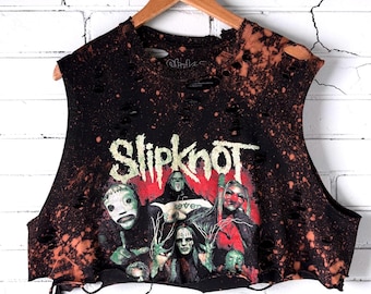 Slipknot Bleached Cropped Band T-Shirt Distressed Alt Clothing Nu Metal Mall Goth Style Tee