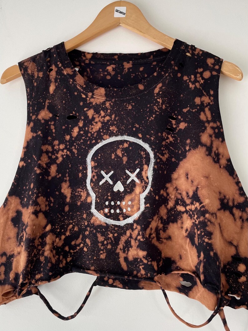 Skull Hand Painted Bleached Custom Cropped Tee Punk Alt Clothing