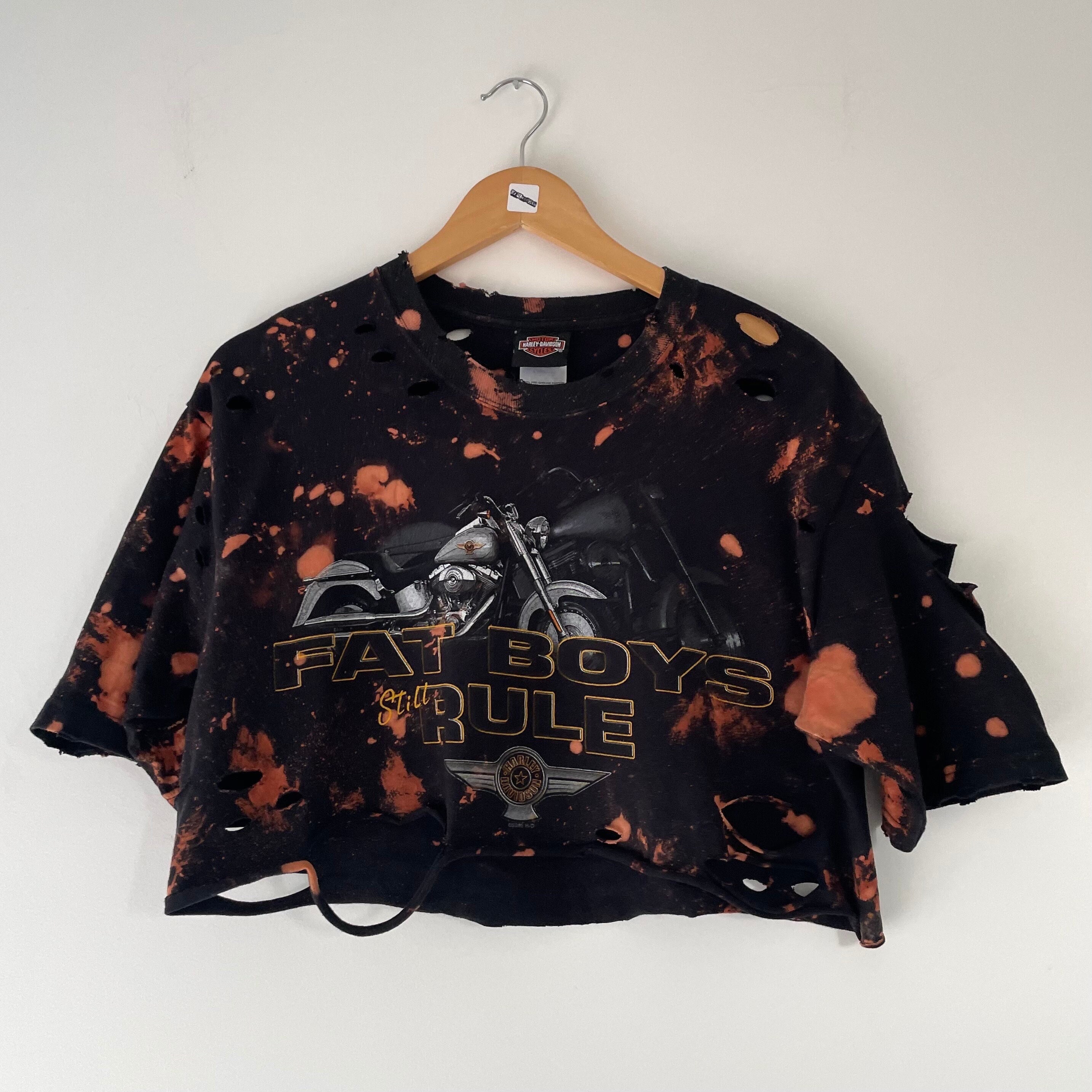 【SATIIIZ】Keyens Harley Dyeing Crop T-Shirt Harley Davidson Bleached Custom T-shirt Size Medium Tumblr