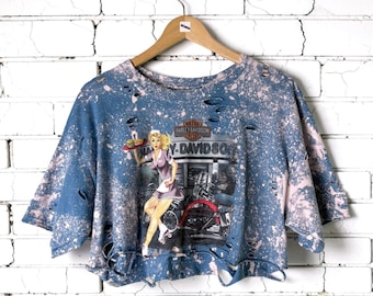 Harley Davidson France Bleached distressed custom T-Shirt Shredded Biker Tee tumblr grunge alternative tees