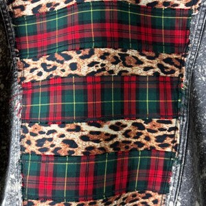Custom Patchwork Bleached Denim Jacket Acid Wash Punk Rock Jean Jacket Leopard Tartan Plaid Alternative Tumblr Grunge