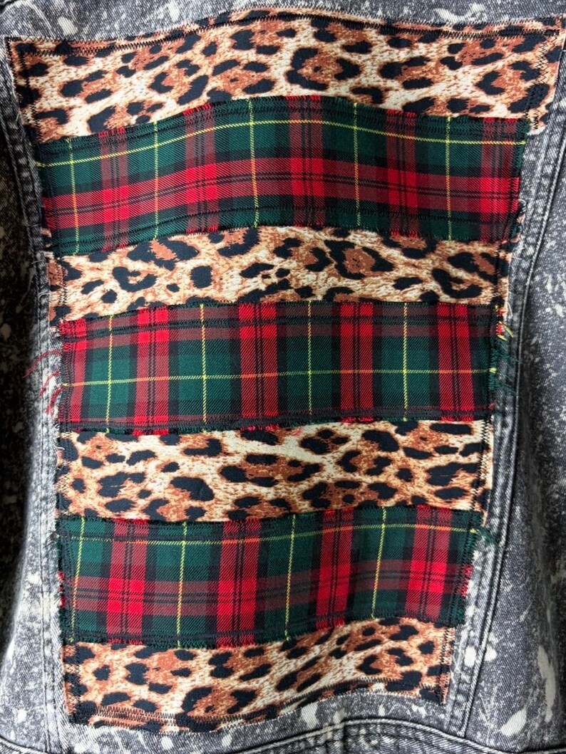 Custom Patchwork Bleached Denim Jacket Acid Wash Punk Rock Jean Jacket Leopard Tartan Plaid Alternative Tumblr Grunge