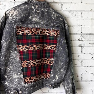 Custom Patchwork Bleached Denim Jacket Acid Wash Punk Rock Jean Jacket Leopard Tartan Plaid Alternative Tumblr Grunge