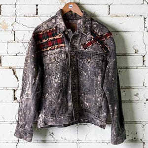 Custom Patchwork Bleached Denim Jacket Acid Wash Punk Rock Jean Jacket Leopard Tartan Plaid Alternative Tumblr Grunge