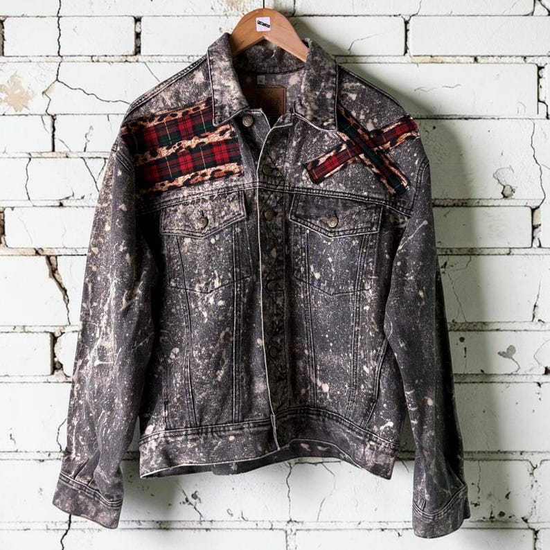 Custom Patchwork Bleached Denim Jacket Acid Wash Punk Rock Jean Jacket Leopard Tartan Plaid Alternative Tumblr Grunge