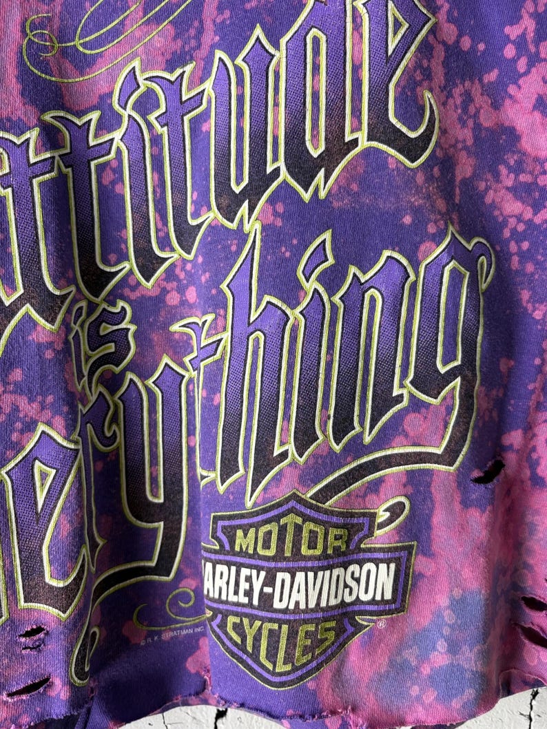May include: Purple and pink distressed t-shirt with the words "Attitude is Everything" in a gothic font. Features the Harley-Davidson logo at the bottom. The shirt has a tie-dye effect and distressed edges.