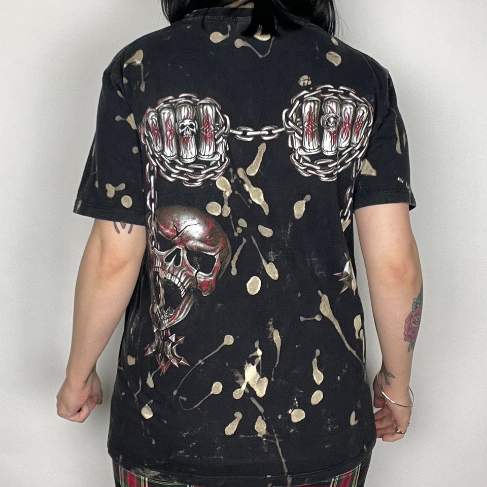 Grunge Style Acid Wash Biker Skull 3D T Shirt