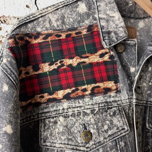 Custom Patchwork Bleached Denim Jacket Acid Wash Punk Rock Jean Jacket Leopard Tartan Plaid Alternative Tumblr Grunge