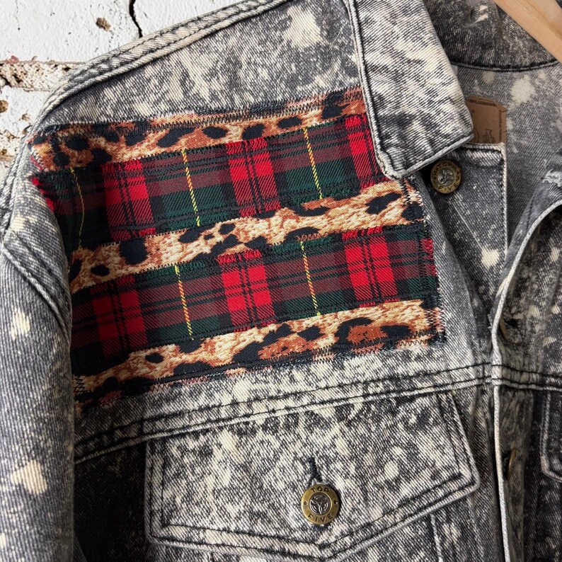 Custom Patchwork Bleached Denim Jacket Acid Wash Punk Rock Jean Jacket Leopard Tartan Plaid Alternative Tumblr Grunge