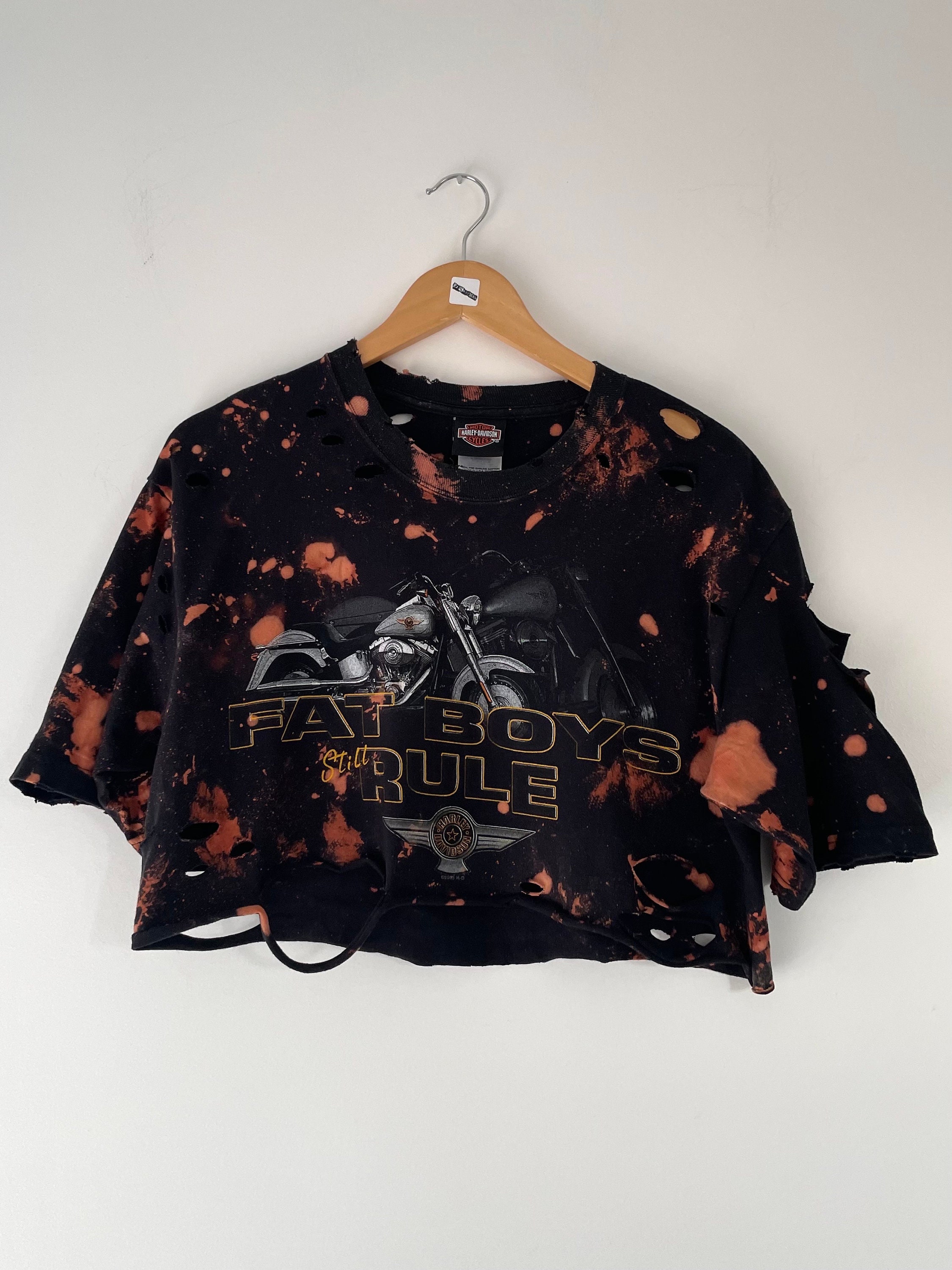 【SATIIIZ】Keyens Harley Dyeing Crop T-Shirt Harley Davidson Bleached Custom T-shirt Size Medium Tumblr