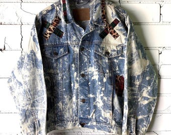 Custom Patchwork Bleached Denim Jacket Acid Wash Punk Rock Jean Jacket Leopard Tartan Plaid Alternative Tumblr Grunge