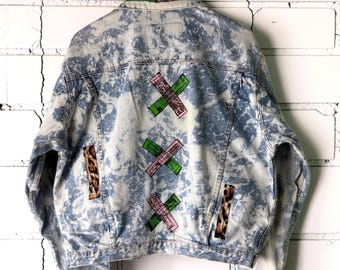 Punk inspired Custom Patchwork Bleached Denim Jacket Acid Wash tumblr grunge alternative