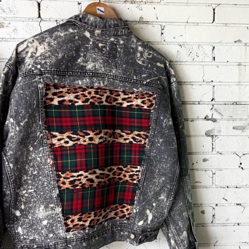 Custom Patchwork Bleached Denim Jacket Acid Wash Punk Rock Jean Jacket Leopard Tartan Plaid Alternative Tumblr Grunge