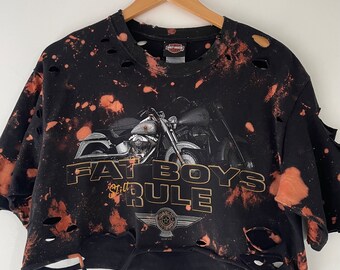 【SATIIIZ】Keyens Harley Dyeing Crop T-Shirt Harley Davidson Bleached Custom T-shirt Size Medium Tumblr