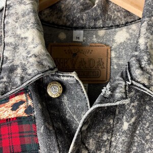 Custom Patchwork Bleached Denim Jacket Acid Wash Punk Rock Jean Jacket Leopard Tartan Plaid Alternative Tumblr Grunge