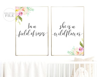 EN UN CAMPO DE ROSAS - Decoración de guardería de Dear Lily Mae - Arte de pared imprimible (4) Archivos Jpeg (2) 24x36 y (2) 24x30 - Solo para uso personal