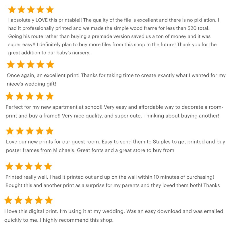 May include: Five-star reviews for a digital printable. The reviews highlight the quality of the file, the ease of printing, and the affordability of the product. The text includes phrases like "excellent print", "super easy", and "great addition".