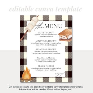 Editable Canva Template S’mores Menu, S’mores Wedding Favors, S’mores Station, s’mores bar sign, s’mores first birthday, s’mores recipe sign