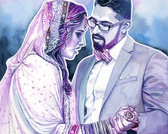 Indian wedding gift for indian couple, hand-painted CUSTOM WATERCOLOR PORTRAIT, Pakistani wedding South asian Hindu Muslim Hinduism India
